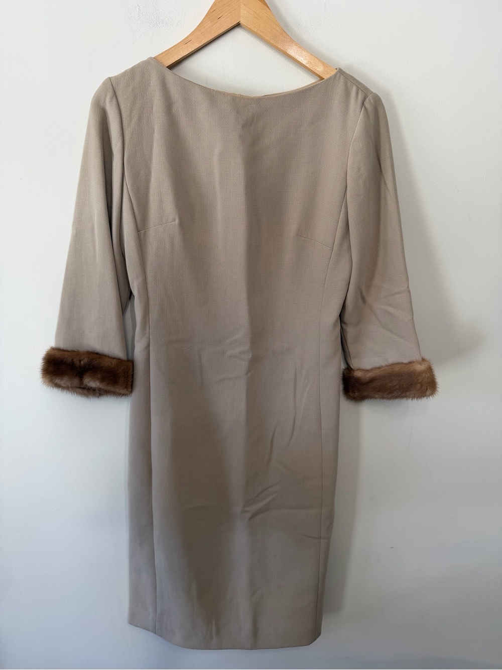Vtg 60s Chetta B Evening Short Dress Mink Cuff Sleeves Beige Mad Men Women’s 4